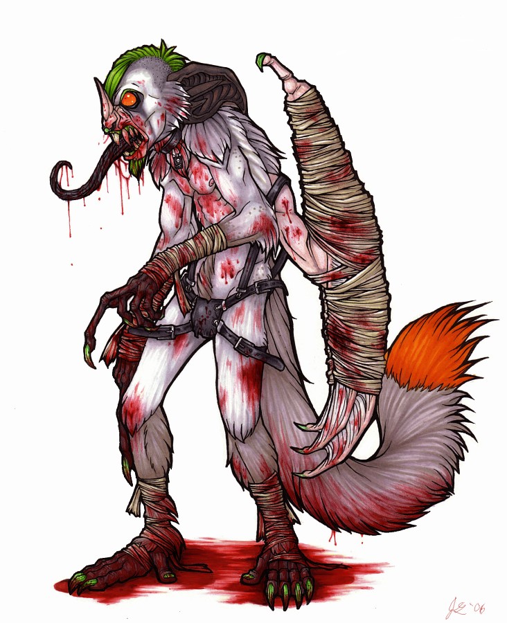 5_fingers 5_toes anthro bandage beard biped blood blood_in_mouth blood_on_arm blood_on_bandage blood_on_chest blood_on_face blood_on_foot blood_on_ground blood_on_hand blood_on_tail bodily_fluids claws collar dipstick_tail facial_hair facial_piercing feet fingers fur glamfur green_hair hair insane leg_wraps long_tongue male markings messy mohawk multicolored_tail nipples nose_piercing open_mouth orange_body orange_fur piercing red_tail_tip sharp_teeth short_hair simple_background solo standing tail tail_markings teeth toes tongue white_background wing_wraps wraps psychodjinn fred aye-aye bat hybrid lemur mammal primate strepsirrhine