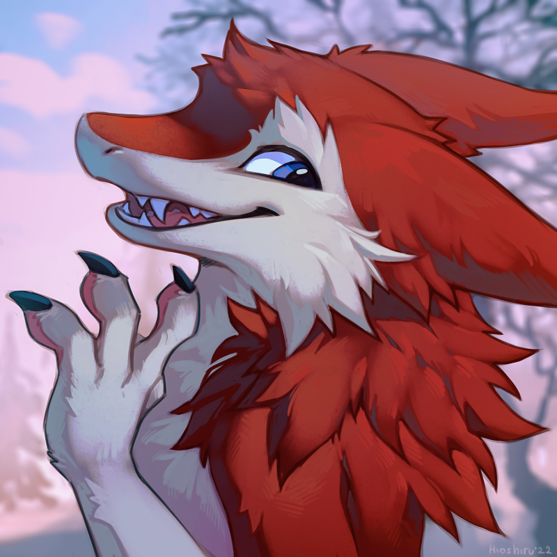 blue_eyes claws day detailed_background fingers fluffy fur hair open_mouth outside red_hair sky smile solo teeth tongue white_body white_fur hioshiru cassius_(oldmancassius) sergal 1:1 2022 digital_media_(artwork)