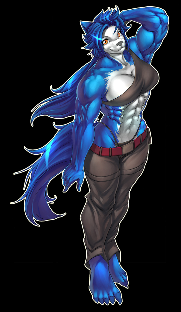 abs anthro belt biceps big_breasts blue_body blue_fur blue_hair bottomwear breasts clothing female fur hair muscular muscular_anthro muscular_female pants solo tail bokuman hopey canid canine canis mammal wolf