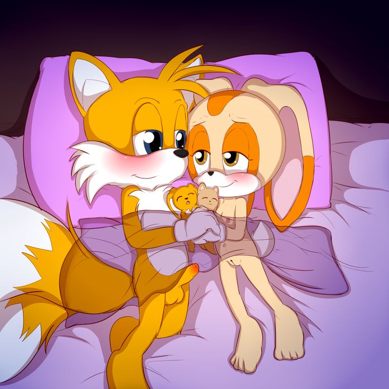 anthro baby balls bed blue_eyes blush brown_eyes erection female furniture genitals group male multi_tail narrow_hips nipples nude on_bed penis pillow pussy size_difference smile tail thigh_gap thin_calves thin_legs thin_thighs translucent yellow_balls young young_anthro launny sega sonic_the_hedgehog_(series) cream_the_rabbit miles_prower canid canine fox hybrid lagomorph leporid mammal rabbit 1:1 2013