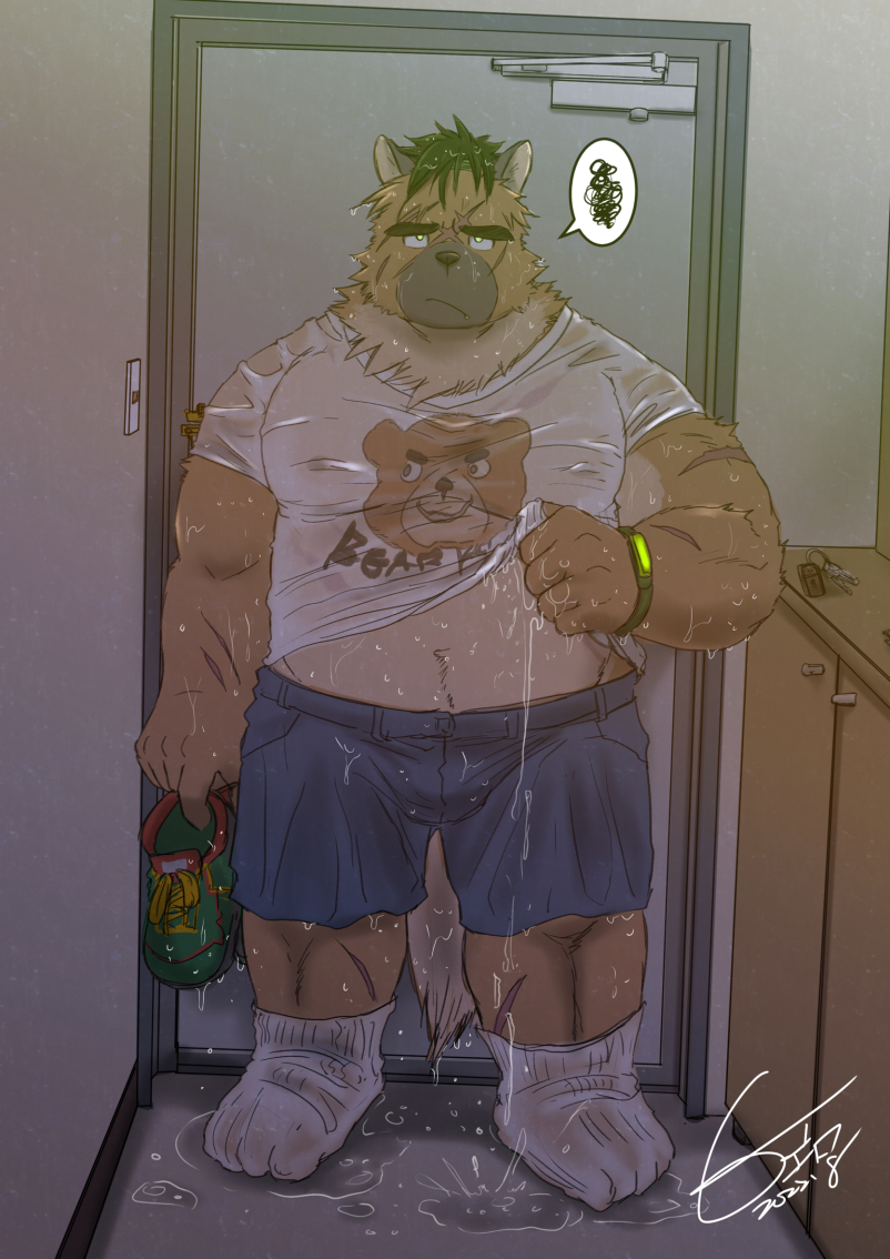 anthro bottomwear brown_body clothing humanoid_hands kemono male overweight overweight_male scar shirt shorts solo text text_on_clothing text_on_shirt text_on_topwear topwear wet wet_bottomwear wet_clothing wet_shirt wet_shorts wet_topwear hikoero777 lifewonders tokyo_afterschool_summoners yasuyori_(tas) canid canine canis domestic_dog mammal 2022