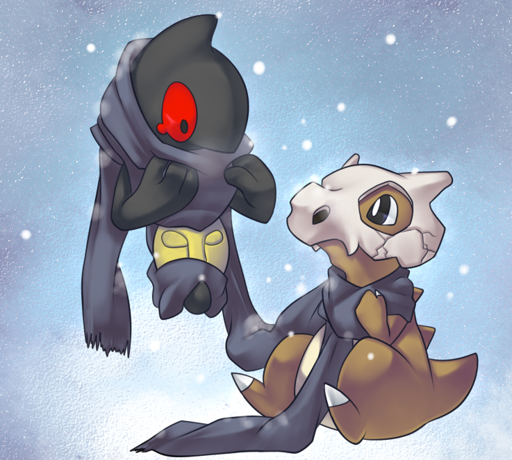 ambiguous_gender black_eyes bone clothing duo eye_contact feral looking_at_another mask outside red_eyes scarf skull skull_mask snow snowing winter d.summer nintendo pokemon cubone generation_1_pokemon generation_5_pokemon pokemon_(species) yamask