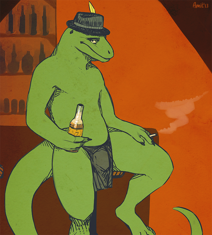 alcohol anthro bar beer beverage biped bottle bottomwear cigarette clothing container earhole fedora hat headgear headwear loincloth loose_feather male orange_background simple_background sitting slightly_chubby smoke smoking solo tail amit ssslith komodo_dragon lizard monitor_lizard reptile scalie 2013