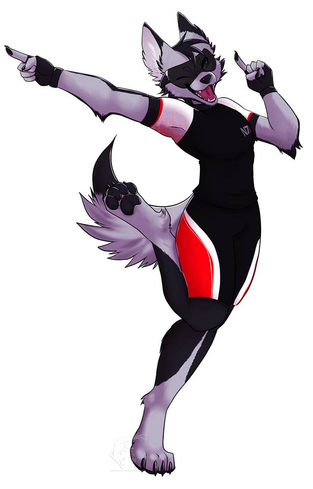 anthro bodysuit clothing fur gesture grey_body grey_fur hand_gesture pointing pointing_left pointing_up skinsuit solo tight_clothing yokosnowy bioware electronic_arts mass_effect n7 jim_(itsjimmm) canid canine canis domestic_dog husky mammal nordic_sled_dog spitz