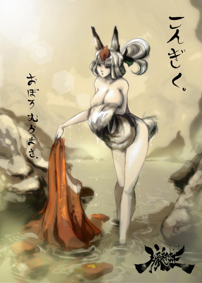 female grey_eyes hot_spring multi_tail solo tail text water unknown_artist muramasa:_the_demon_blade vanillaware kongiku animal_humanoid canid canid_humanoid canine canine_humanoid fox fox_humanoid humanoid mammal mammal_humanoid japanese_text translated