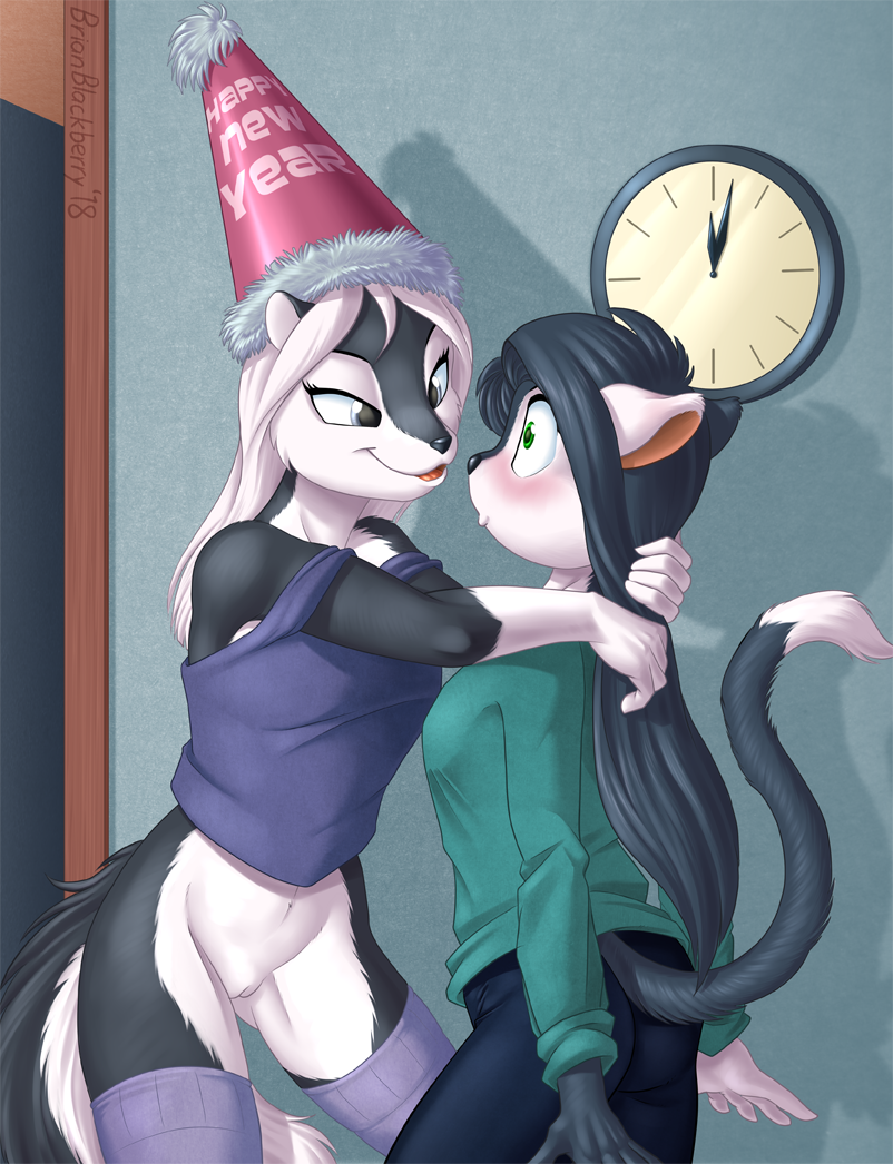 anthro black_hair black_nose blue_eyes blush bottomless bottomless_anthro bottomless_female clock clothed clothing drunk duo eye_contact female genitals green_eyes hair hat headgear headwear holidays innie_pussy legwear long_hair looking_at_another party_hat pussy smile substance_intoxication text text_on_clothing text_on_headwear white_hair brian_mcpherson new_year nova_(hijinxfantasy) vicki_(brian_mcpherson) domestic_cat felid feline felis mammal mephitid skunk 2018 english_text