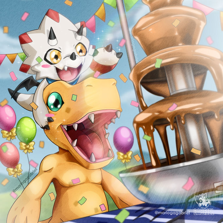 anthro balloon banner blush bow_(feature) bow_balloon bunting_(banner) candy chocolate chocolate_fountain claws decoration dessert duo food fountain green_eyes horn inflatable male pennant_banner sharp_teeth teeth white_body wings yellow_body yellow_eyes mariogagabriel bandai_namco digimon agumon digimon_(species) gammamon 1:1