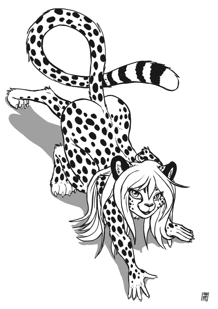 all_fours anthro casual_nudity claws convenient_censorship crouching digitigrade female fur hair long_hair markings nude simple_background smile sneaking solo spots spotted_body spotted_fur stalking toe_claws white_background s-nina mihari cheetah felid feline mammal 2017 censored monochrome sketch