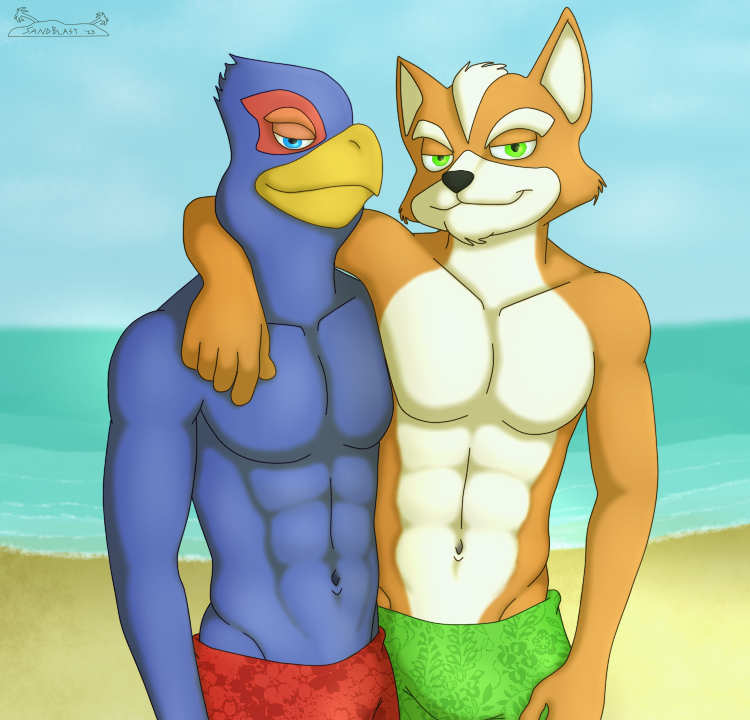 5_fingers abs anthro beach beak black_nose blue_body blue_eyes blue_feathers bracelet brown_body brown_fur clothed clothing duo feathers feet fingers fur green_eyes group hair hug humanoid_hands jewelry male male/male muscular muscular_male navel outside plantigrade red_body red_feathers sand seaside sky standing swimming_trunks swimwear tan_body tan_fur tan_hair toes topless topless_anthro topless_male topwear water sandblastcoyote nintendo star_fox falco_lombardi fox_mccloud avian bird canid canine fox galliform mammal phasianid