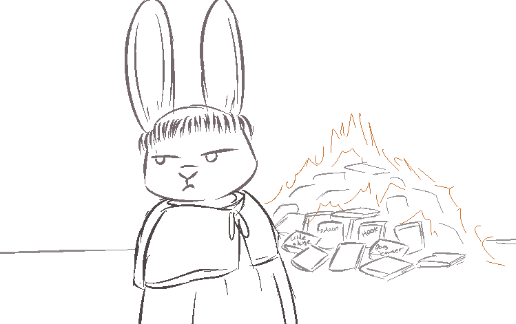 anthro bonfire book book_burning clothed clothing female fire front_view frown half-shaved_head monk robe simple_background solo three-quarter_view tonsure white_background tggeko disney zootopia judy_hopps lagomorph leporid mammal rabbit 2016 digital_drawing_(artwork) digital_media_(artwork) half-length_portrait portrait