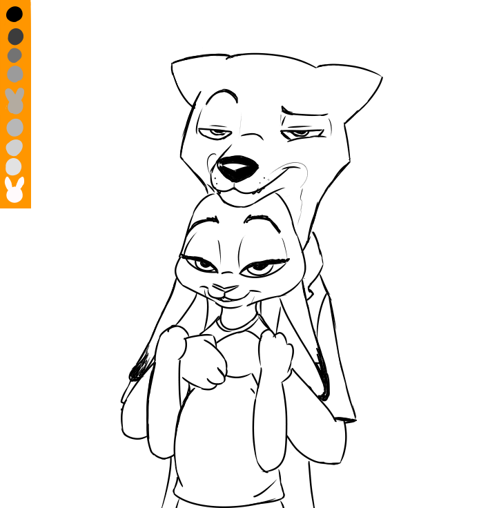 anthro duo ears_down female hug lidded_eyes looking_at_viewer male male/female pivoted_ears pregnant simple_background snout_between_ears white_background spoof_(artist) disney zootopia judy_hopps nick_wilde canid canine fox lagomorph leporid mammal rabbit red_fox true_fox line_art