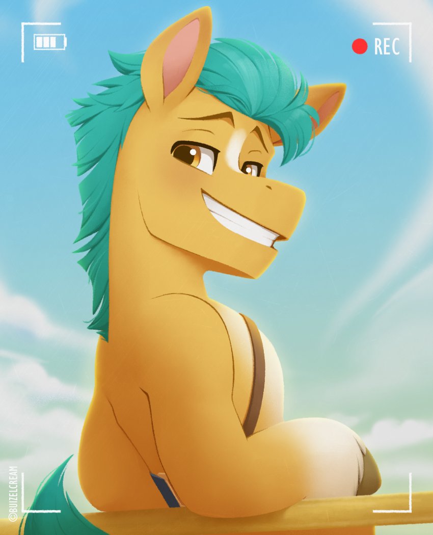 eyebrows feral green_mane half-closed_eyes hooves leaning leaning_backward looking_at_viewer male mane narrowed_eyes recording smile solo yellow_body yellow_eyes bcpony hasbro mlp_g5 my_little_pony hitch_trailblazer_(mlp) earth_pony equid equine horse mammal pony digital_media_(artwork) signature