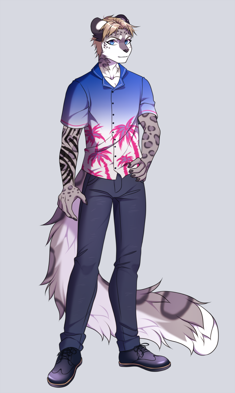 aloha_shirt anime_style anthro arm_tattoo black_clothing black_footwear black_shoes blonde_hair blue_clothing blue_eyes blue_shirt blue_topwear bottomwear clothing denim denim_bottomwear denim_clothing ear_piercing fluffy fluffy_tail footwear fur grey_body grey_bottomwear grey_clothing grey_fur grey_jeans grey_pants hair jeans looking_at_viewer male markings pants pattern_clothing pattern_shirt pattern_topwear piercing pink_palms shirt simple_background solo spots spotted_body spotted_fur spotted_markings spotted_tail tail tail_markings tattoo topwear white_background white_body white_clothing white_fur white_shirt white_topwear rokito serkhio_stil felid mammal pantherine snow_leopard 2018 hi_res