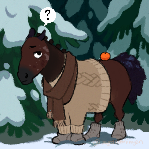 all_fours ambiguous_gender black_eyes black_hair brown_body brown_fur clothed clothed_feral clothing feral food footwear fruit fur hair orange_(fruit) outside plant question_mark scarf snow socks solo tail tan_clothing tree p_rindustries equid equine horse mammal 1:1 male_(lore)