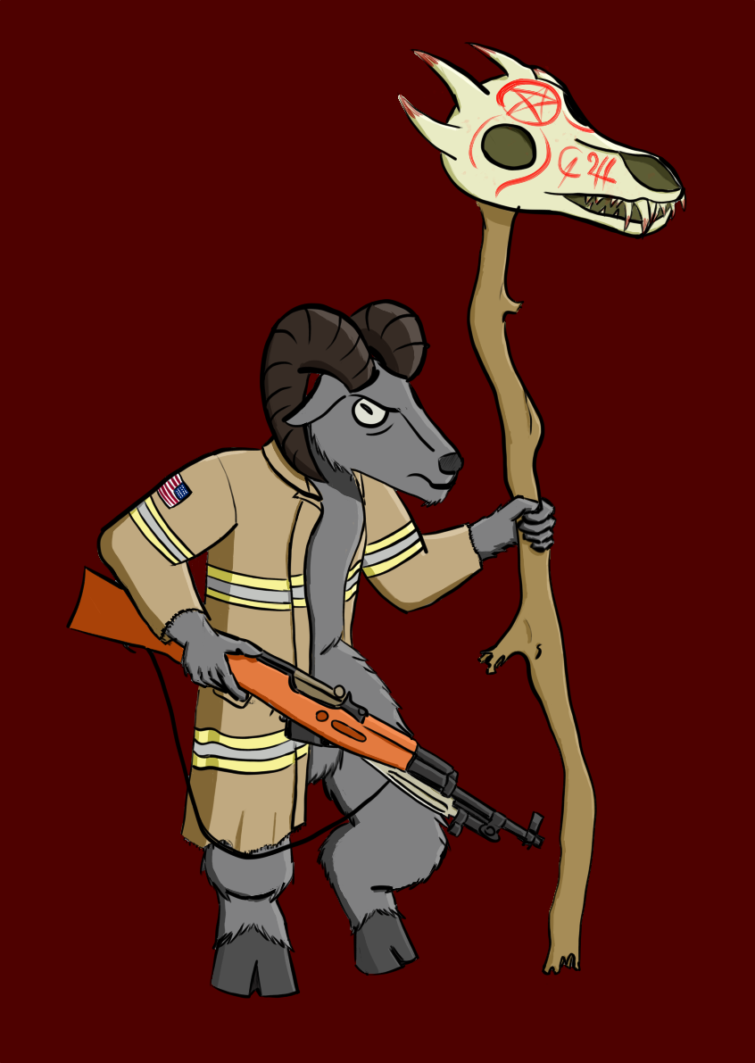 anthro bottomless bottomless_male clothed clothing gun horn male ranged_weapon rifle solo staff turnout_gear weapon zackerydrawstoo bovid caprine goat mammal