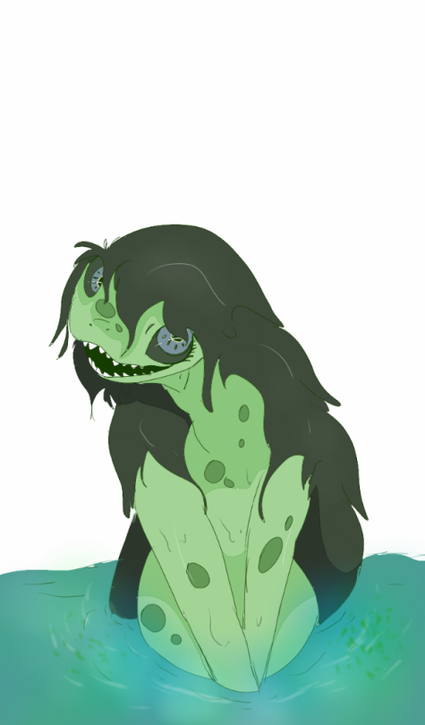 black_hair eyelashes female green_body green_skin hair looking_at_viewer smile solo water foundationdown_(artist) scp_foundation scp-811 amphibian frog