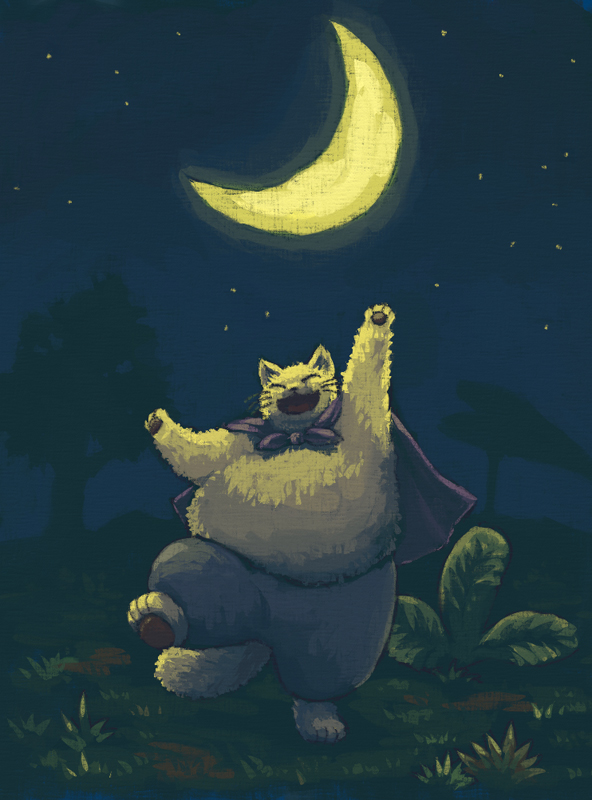 anthro belly bottomwear cape cloak clothing dancing detailed_background eyes_always_closed eyes_closed fur grass male moon night outside overweight overweight_anthro pants pawpads paws plant sky solo star starry_sky tree whiskers yellow_body yellow_fur psuke76 atagoal hiroshi_masumura nazono_hideyoshi domestic_cat felid feline felis mammal 2008