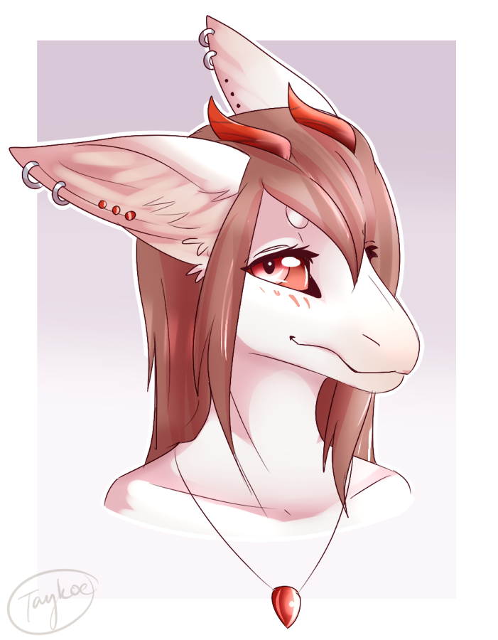 anthro blush ear_piercing female fur hair horn jewelry looking_at_viewer necklace piercing red_eyes red_hair solo white_body white_fur taykoe mythology tala_draeis dragon drakari furred_dragon furred_scalie mythological_creature mythological_scalie scalie 2014 bust_portrait portrait