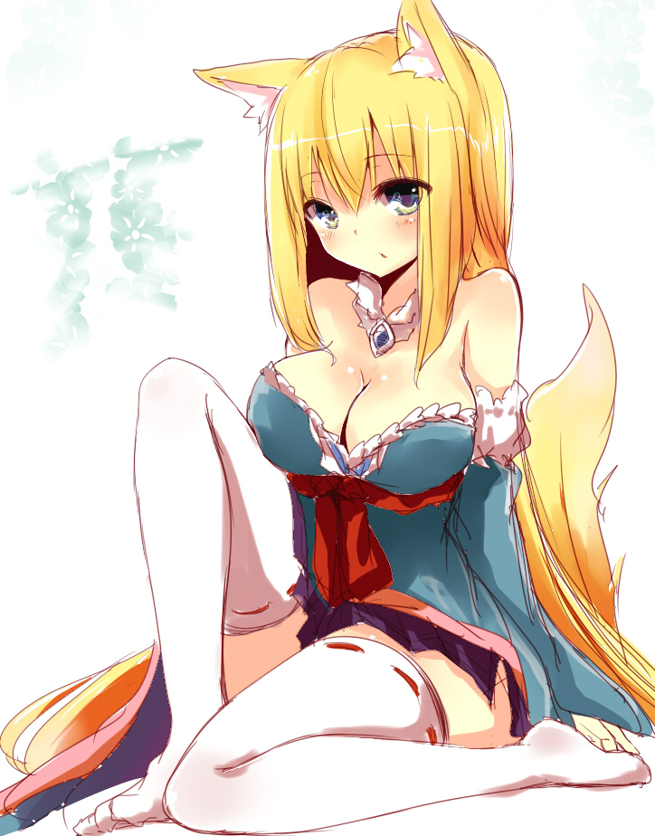 armwear bare_shoulders big_breasts blonde_hair blue_eyes blush bottomwear breasts cleavage clothed clothing detached_sleeves female hair legwear long_hair looking_at_viewer sitting skirt solo tail white_clothing white_legwear naomi_(sekai_no_hate_no_kissaten) aoi_futaba animal_humanoid canid canid_humanoid canine canine_humanoid fox fox_humanoid humanoid mammal mammal_humanoid