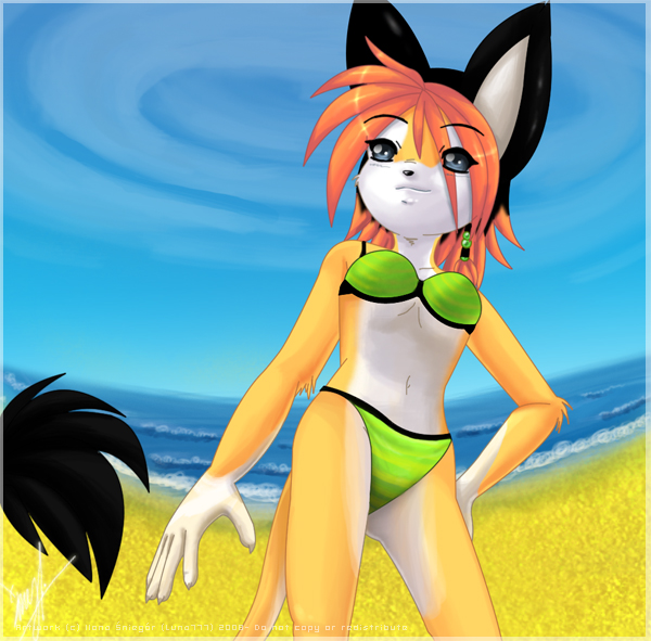 anthro beach belly bikini biped blue_eyes clothed clothing detailed_background female hair outside red_hair sand sea seaside skimpy sky solo standing swimwear tail tail_tuft tuft two-piece_swimsuit water luna777 taratsu_(character) moondog