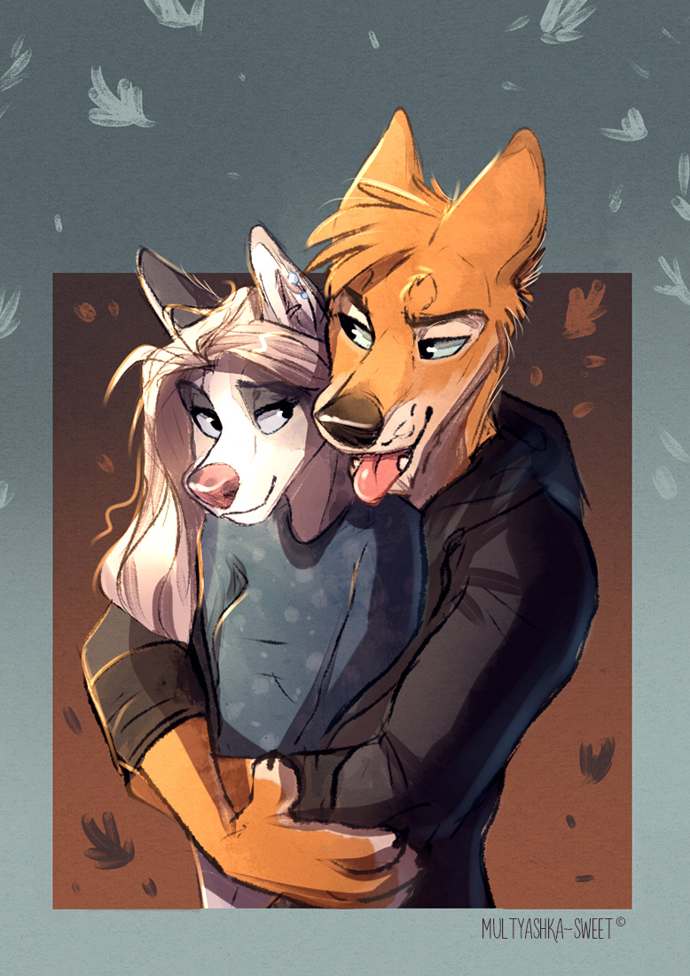 anthro black_nose clothed clothing detailed_background duo ear_piercing female fur hair hug hugging_another hugging_from_behind male piercing simple_background tongue tongue_out multyashka-sweet canid canine canis dingo domestic_dog koolie mammal 2017 digital_media_(artwork)