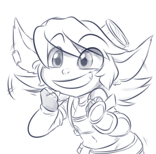 blush clothed clothing eyewear female goggles hair navel simple_background smile solo teeth white_background bandlebro league_of_legends riot_games tencent tristana_(lol) humanoid yordle blue_and_white low_res monochrome sketch