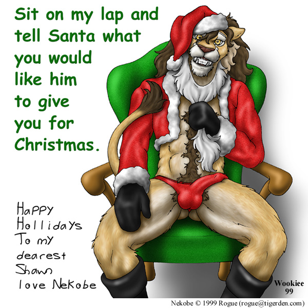 abs anthro balls black_boots black_clothing black_footwear black_gloves black_handwear body_hair boots bulge butt chair christmas_card christmas_clothing christmas_headwear clothed clothing costume detailed_bulge erection erection_under_clothing fake_beard fangs footwear front_view fur furniture genital_outline genitals gloves green_chair handwear happy_trail hat headgear headwear holidays jacket looking_at_viewer male mane muscular muscular_anthro muscular_male open_clothing open_jacket open_topwear penis_outline pink_nose pubes red_clothing red_jacket red_thong red_topwear red_underwear santa_costume santa_hat sharp_teeth shoes simple_background smile solo tail tail_tuft tan_body tan_fur teeth text thong topwear tuft underwear white_background yellow_eyes wooky christmas nekobe santa_claus felid lion mammal pantherine 1999 1:1 artist_name english_text