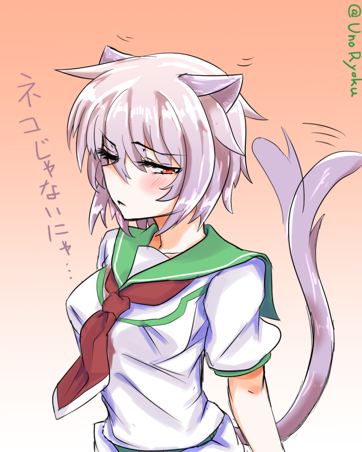 blush female looking_at_viewer red_eyes solo text unoryoku kantai_collection animal_humanoid cat_humanoid felid felid_humanoid feline feline_humanoid humanoid mammal mammal_humanoid 2015 4:5 japanese_text signature translated