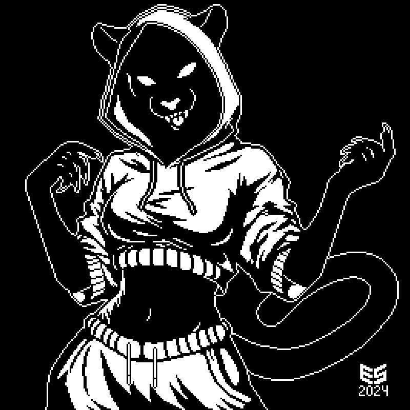 anthro black_background black_body black_fur black_shading bottomwear breasts claws clothing curvy_figure fangs female finger_claws fur hood_up hoodie looking_at_viewer midriff monotone_background navel open_mouth outline pants raised_arms simple_background smile smiling_at_viewer solo sweatpants sweatshirt tail teeth tongue topwear white_bottomwear white_clothing white_eyes white_nose white_outline white_tongue white_topwear ezeeshady felid mammal pantherine 1:1 2024 digital_media_(artwork) monochrome pixel_(artwork) signature