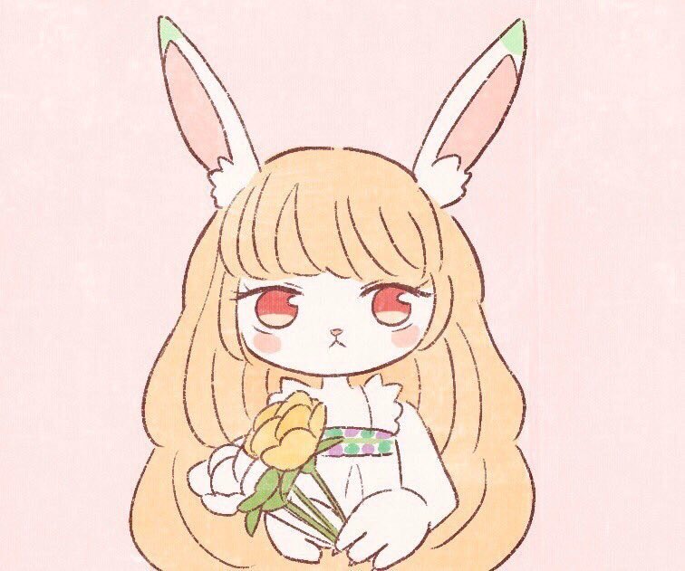 anthro blonde_hair female flower fur hair holding_object pink_background plant red_eyes simple_background solo white_body white_fur buke3jp lagomorph leporid mammal rabbit