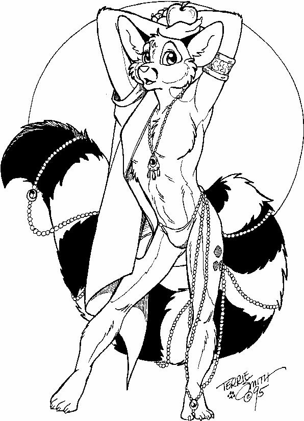 anthro apple arms_above_head bare_chest beaded_jewelry beaded_necklace beads bracelet bulge cloak clothed clothing fluffy fluffy_tail food fruit fur holding_food holding_object jewelry long_tail looking_at_viewer male markings necklace open_mouth plant pose ring_(marking) ringed_tail skimpy solo striped_markings striped_tail stripes tail tail_markings thong underwear terrie_smith chester_ringtail_magreer bassariscus cacomistle mammal procyonid 1995 black_and_white monochrome signature traditional_media_(artwork)