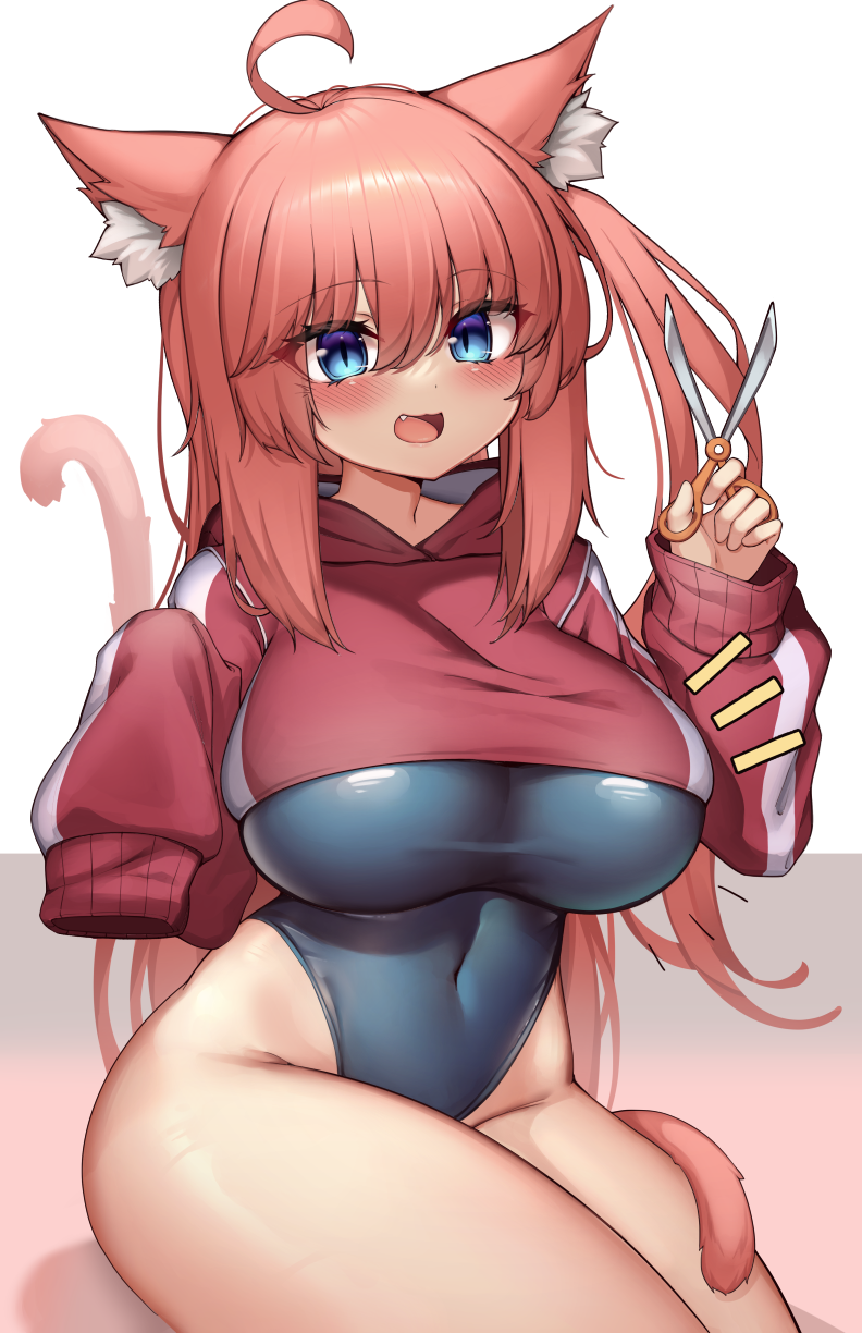 2_tails 5_fingers big_breasts blue_eyes blush breasts clothing cute_fangs fangs female fingers holding_object holding_scissors multi_tail one-piece_swimsuit open_mouth red_clothing scissors smile solo swimwear tail teeth kaptivate nekomia animal_humanoid cat_humanoid felid felid_humanoid feline feline_humanoid humanoid mammal mammal_humanoid 2021 hi_res