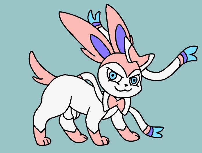 all_fours balls blue_eyes feral flaccid foreskin fur genitals looking_at_viewer male paws penis pink_body pink_ears pink_fur pink_tail ribbons smile smirk solo tail white_body white_fur zamzamcan nintendo pokemon eeveelution generation_6_pokemon pokemon_(species) sylveon