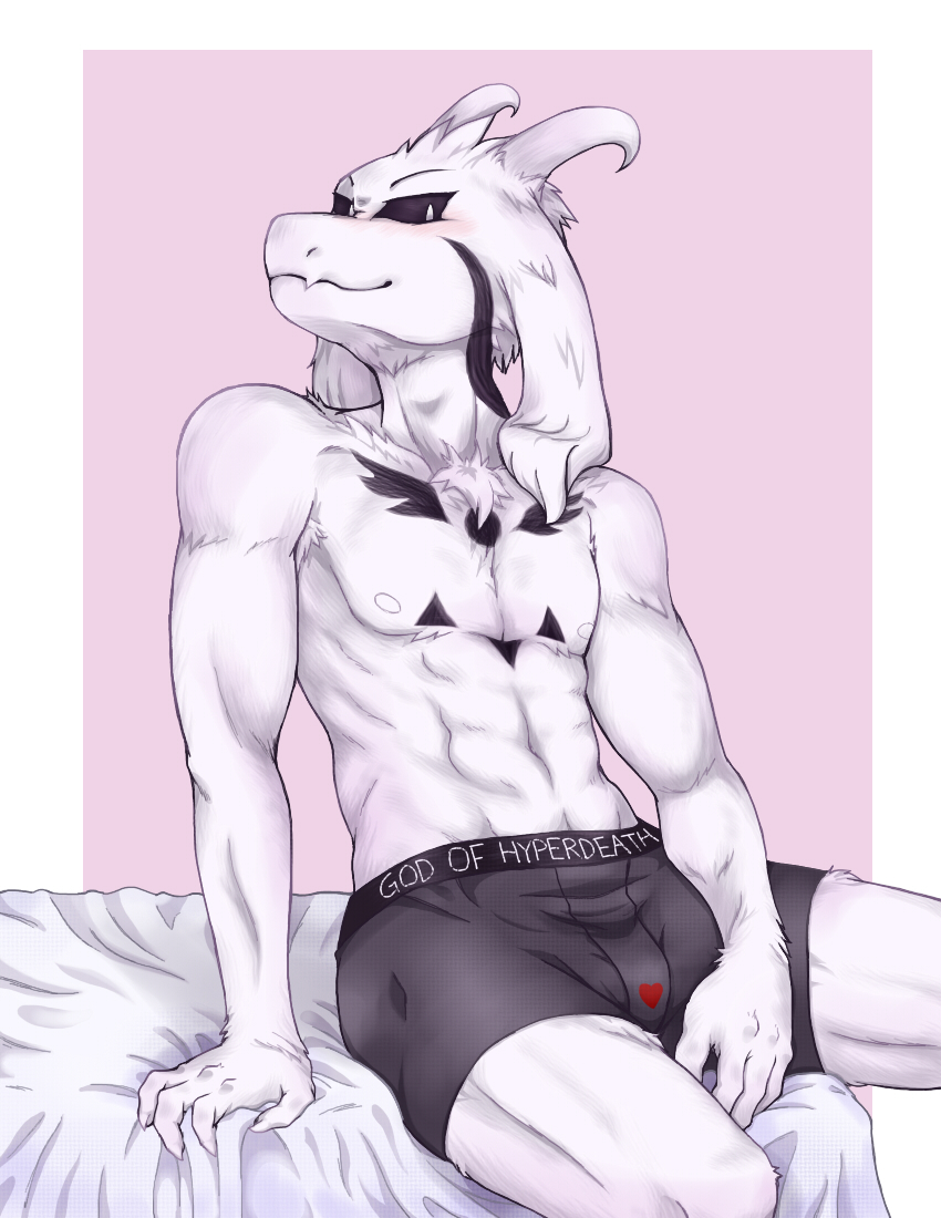 abs anthro biceps blush bulge chest_tuft clothed clothing fangs fur heart_symbol horn long_ears looking_at_viewer male markings muscular muscular_anthro muscular_male nipples simple_background smile smirk solo teeth text topless tuft underwear white_body white_fur zelen undertale undertale_(series) asriel_dreemurr_(god_form) boss_monster_(undertale) bovid caprine mammal english_text