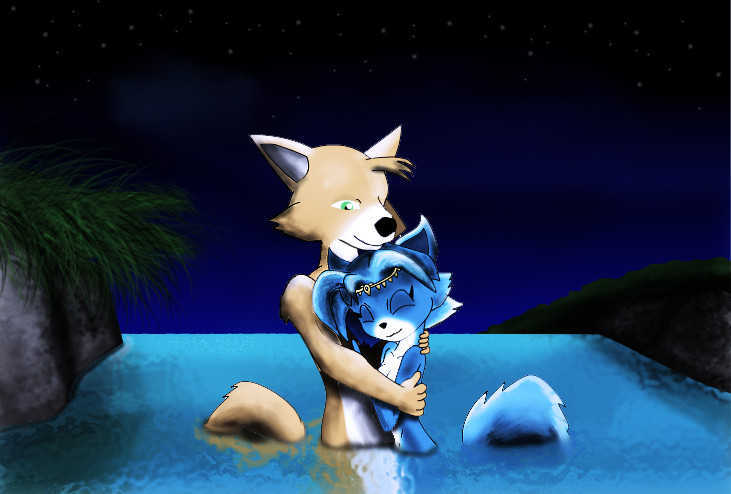 anthro blue_body blue_fur blue_hair detailed_background duo female fur hair hug jewelry looking_pleasured male male/female night nude romantic romantic_ambiance size_difference skinny_dipping 83exor nintendo star_fox fox_mccloud krystal_(star_fox) canid canine fox mammal 2008