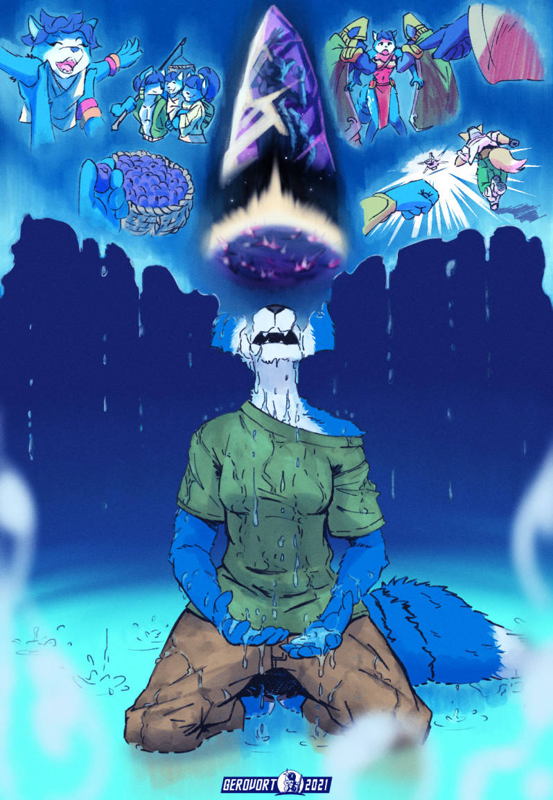 anthro basket berry bodily_fluids clothing container crying crystal family female food fruit gesture group hand_gesture happy laugh male plant pointing pouch_(clothing) running ship shirt smile tail tears topwear vehicle watercraft wet gerovort nintendo star_fox fox_mccloud krystal_(star_fox) canid canine fox lizard mammal reptile scalie 2021 digital_media_(artwork)