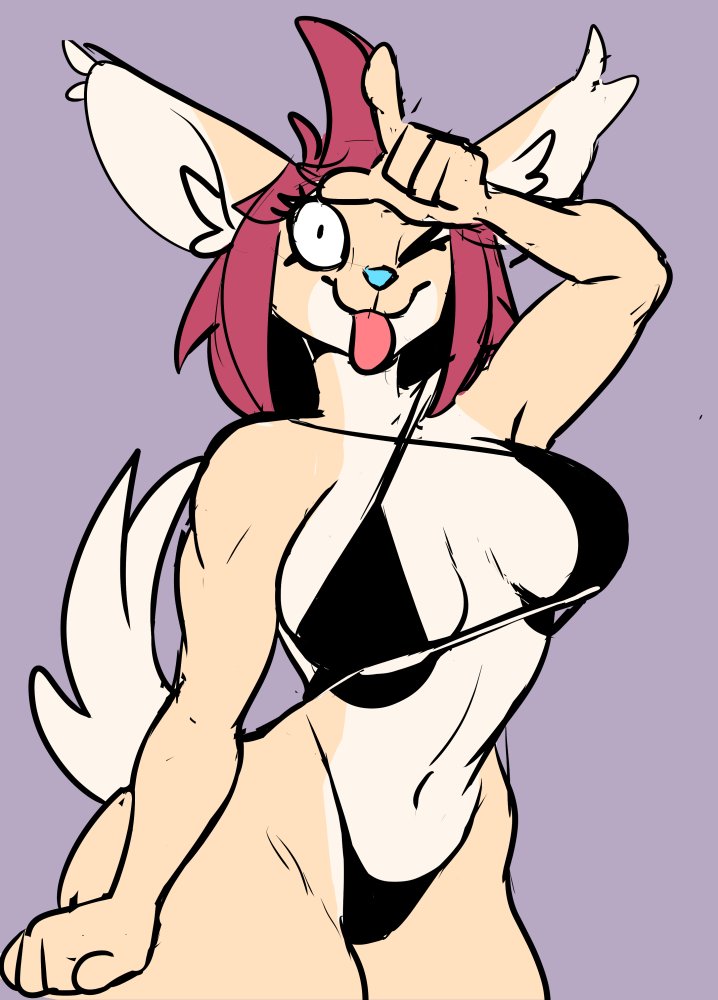 anthro big_breasts big_ears bikini black_bikini black_clothing black_swimwear blue_nose breasts clothing female gesture hair hand_gesture loser_gesture one_eye_closed pink_hair purple_background simple_background solo swimwear taunting thick_thighs tongue two-piece_swimsuit wink ritts cleo_(dooper64) canid canine fennec_fox fox mammal true_fox