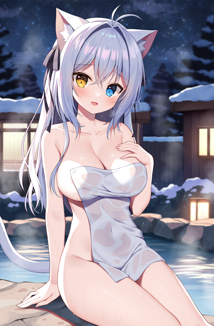 ahoge blue_eyes blush breasts female grey_hair hair hot_spring night outside plant sky snow solo steam towel towel_only tree water wet yellow_eyes mauve_(artist) animal_humanoid cat_humanoid felid felid_humanoid feline feline_humanoid humanoid mammal mammal_humanoid 2023