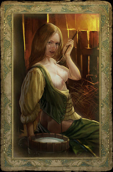 barn bottomless breasts bucket butt clothed clothing container country cutlery dress female fence hair hay kitchen_utensils long_hair milk not_furry peasant solo spoon tools topless village unknown_artist the_witcher human mammal official_art source_request