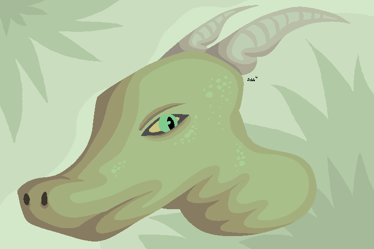 ambiguous_gender anthro green_body green_eyes green_scales green_spots grey_horn horn markings scales solo spots spotted_body spotted_scales yellow_sclera jubb reptile scalie 2018 3:2 headshot_portrait portrait signature