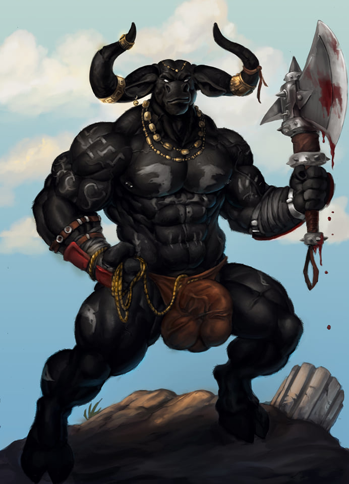 abs anthro axe balls_outline barbell_piercing black_body blood bodily_fluids bulge clothed clothing cloven_hooves detailed_bulge genital_outline hooves horn horn_jewelry horn_ring jewelry jockstrap looking_at_viewer male manly melee_weapon muscular muscular_anthro muscular_arms muscular_legs muscular_male necklace nipple_barbell nipple_piercing nipples outside pecs penis_outline piercing ring_(jewelry) solo standing underwear underwear_only unguligrade weapon lorkalt nexus european_mythology greek_mythology mythology bovid bovine mammal minotaur 2020 full-length_portrait portrait