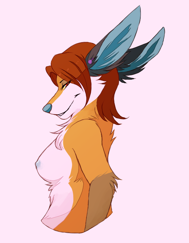 anthro blue_nose breasts brown_hair ear_piercing female fur hair looking_at_viewer nipples orange_body orange_fur piercing red_eyes smile solo white_body white_fur princessharumi unknown_species