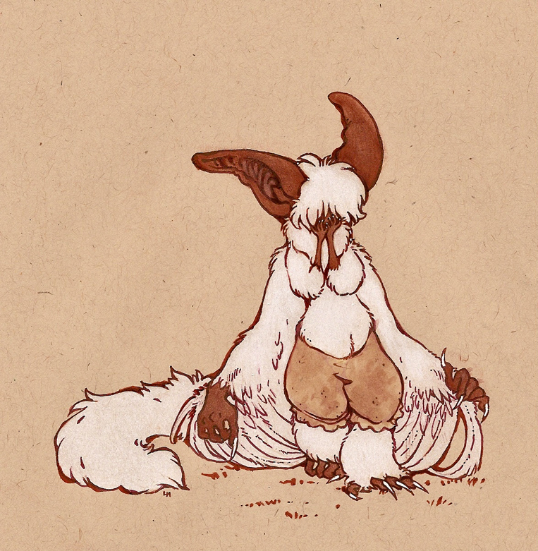 big_ears bottomwear claws clothed clothing feathered_wings feathers female fur humanoid_pointy_ears multi_limb pointy_ears shorts simple_background solo tail topless white_body white_feathers wings louvelex unknown_species traditional_media_(artwork)