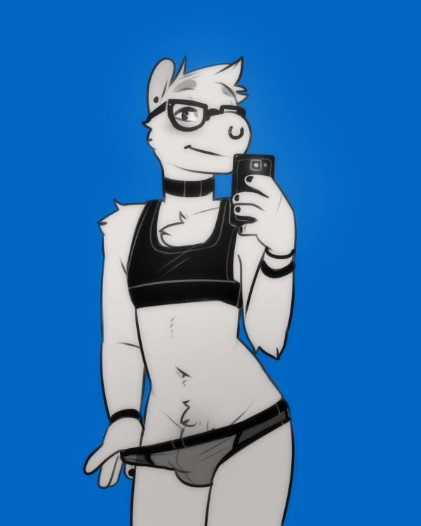 anthro blue_background cellphone clothed clothing colored_nails ear_piercing electronics eyewear facial_piercing fur genitals glasses looking_at_viewer male nails nose_piercing nose_ring partially_clothed penis phone piercing ring_piercing seductive selfie simple_background smile solo underwear white_body white_fur wristband lundi alex_(lundi) mammal unknown_species 4:5 digital_media_(artwork)