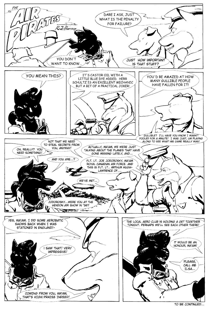 aircraft airplane anthro aviator_glasses aviator_jacket black_body black_fur bobtail_dog eyewear female fur glasses group hair male open_mouth ponytail text vehicle vial rjbartrop_(artist) ilsa_klensch bird_dog canid canine canis domestic_dog hunting_dog husky labrador mammal nordic_sled_dog retriever spitz wolf english_text monochrome