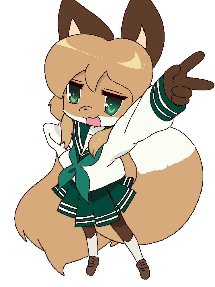 anthro asian_clothing bottomwear brown_body brown_fur clothing dipstick_tail east_asian_clothing female female_anthro fur gesture gloves_(marking) green_clothing green_eyes hair hand_gesture japanese_clothing japanese_school_uniform leg_markings markings school_uniform skirt socks_(marking) solo standing tail tail_markings uniform v_sign white_body white_fur .sekibanki conditional_dnp lucky_star averi_(fiddleafox) konata_izumi canid canine fox mammal 3:4 alpha_channel