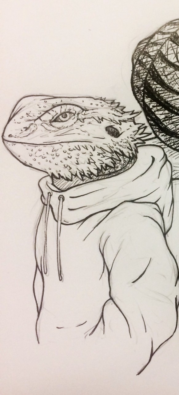 ambiguous_gender anthro clothing grey_background hand_in_pocket hoodie laces pockets side_view simple_background topwear kingbiko agamid bearded_dragon lizard reptile scalie 2017 graphite_(artwork) hi_res monochrome sketch traditional_media_(artwork) male_(lore)