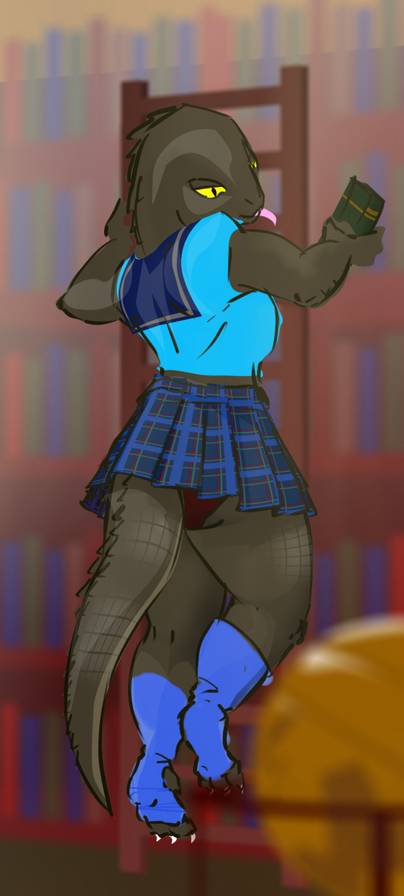 anthro book bookshelf bottomwear clothing female furniture globe muscular muscular_female panties plaid scales skirt solo tail_under_skirt tongue underwear uniform greenpolygon crocodilian reptile scalie hi_res