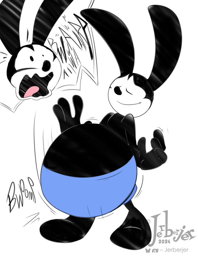 anthro black_body black_fur blue_bottomwear blue_clothing blue_pants bottomwear bounce burping clothing fur male male_anthro overweight overweight_anthro overweight_male pants simple_background solo sound_effects text toony white_background jerberjer disney oswald_the_lucky_rabbit lagomorph leporid mammal rabbit 2024 artist_name dated digital_drawing_(artwork) digital_media_(artwork) english_text flat_colors