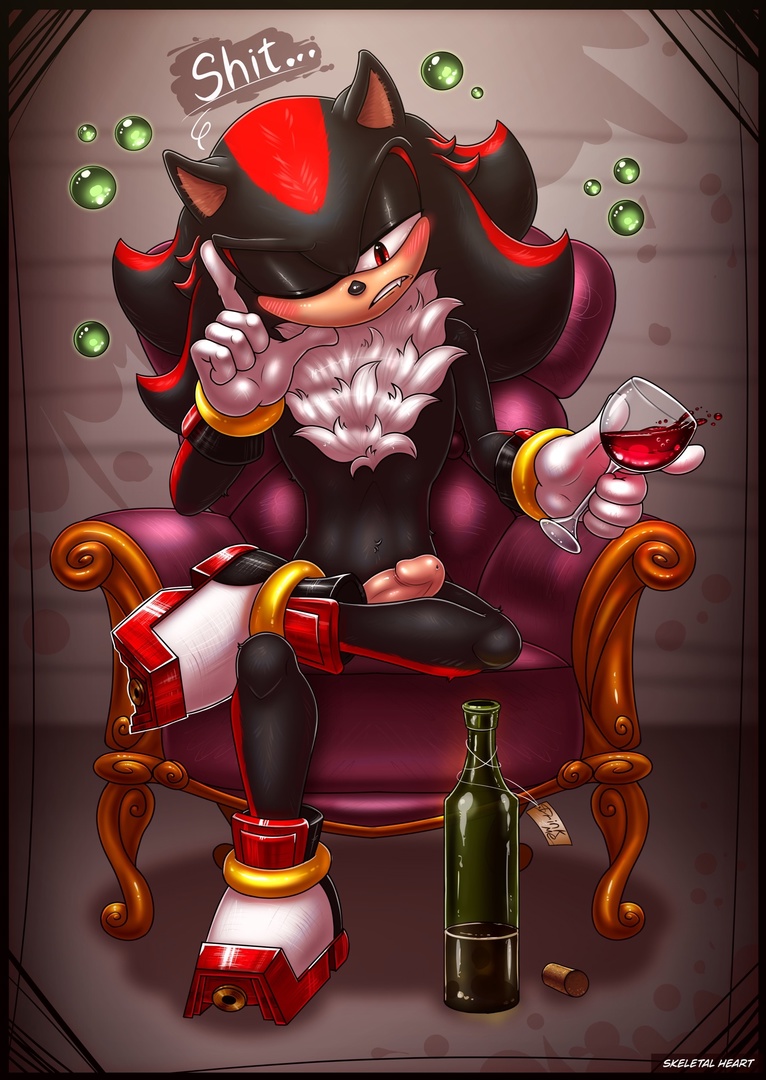 alcohol anthro armchair beverage black_body black_fur blush boots bubble chair chest_tuft clothing container cup drinking_glass drunk drunk_bubble fluffy_chest footwear fur furniture genitals glass glass_container glass_cup gloves handwear male penis pose red_eyes red_stripes rings_on_arms rings_on_legs shoes simple_background solo stripes substance_intoxication teeth tuft white_clothing white_gloves white_handwear white_tuft wine wine_bottle wine_glass skeletalheart sega sonic_the_hedgehog_(series) shadow_the_hedgehog eulipotyphlan hedgehog mammal pinup